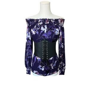 White House Black Market Purple Silk Blend Off the Shoulder Floral Burnout Top